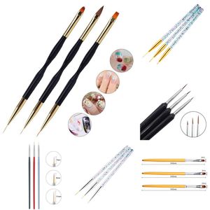 New 3Pcs Profession Nail Art Metal Handle Acrylic UV Gel Extension Builder Petal Flower Painting Drawing Brush Manicure Tools