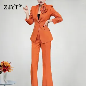 Kadınlar İki Parçalı Pantolon Zjyt 3D Çiçek Blazer Suits Pant 2 Eşleştirme Setleri Kadınlar Conjunto Para Mujeres Ofis Lady Formal Pantolon Partisi