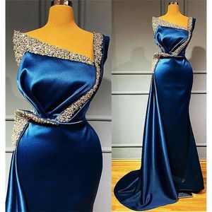 로얄 블루 새틴 인어 공식 여성 이브닝 드레스 Afriaccn Bead Plus 크기 파티 가운 Robe de 결혼