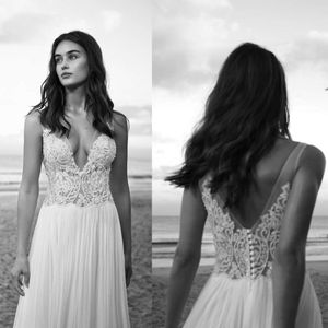 Plaża hod lihi sukienki głębokie v szyja koronki koraliki koraliki ślubne sukienki zamiatanie pociągu vintage szyfonowy sukienka ślubna