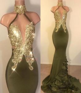 Vestidos New Sexy Olive Green Mermaidイブニングドレスハイネックゴールドクリスタルビーズフリルスイープトレーニングカスタムフォーマルパーティードレス6791720