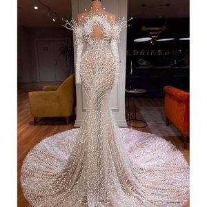 Wedding Dresses Mermaid Long Sleeves V Neck Halter D Lace Appliques Sequins Beaded Sexy Pearls Hollow Floor Length Plus Size Bridal Gowns Abiti Da Sposa