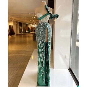 Hunter Green sjöjungfru aftonklänningar En axel paljetter rufsar prom klänning skräddarsydd formell parti glitter split golvlängd vestido de novia