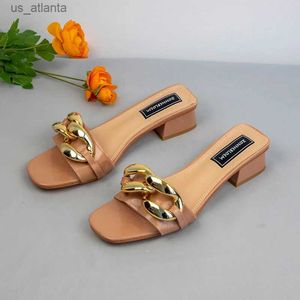 Terlik zarif kadın topuklu ayakkabılar moda dişi altın zincir için çok yönlü slaytlar kalın dip açık-toe rahat stil açık H240416