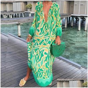 Abiti casual di base Donne Boho Stampa sciolta spiaggia elegante elegante retrò harajuku azzurro maxi abito y manica lunga consegna di goccia di oversize otmhr