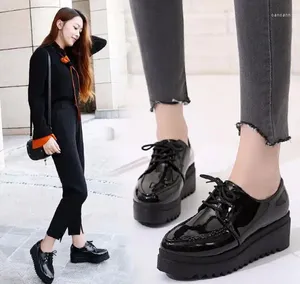 Casual Shoes Autumn Spring Women Plat Black Tjock-Soled Platform Patent Leather Lace Up Oxfords Creepers Bo