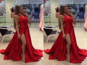 2018 Cheap Thigh Slit Splid Red Prom Dresses V Neck Sexy Open Back Sweep Train Custom Made Formal Prom Gowns Special Occasion Wear2144403