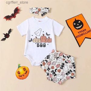 Rompers Halloween 0-2y Infant Baby Jumpsuit Roupfits Pumpkin Print Ghost Print de manga curta + shorts + Bandeira do arco 3pcs Conjuntos de roupas L410