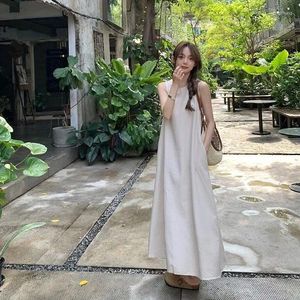 Casual Dresses Summer Vacation Dress Women Elegant Loose Simple Sleeveless Long Ankle-Lengen Design Backless Beach Korean Style Vintage