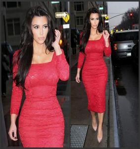 Rote Spitze lange Ärmel Abendkleider Vestidos de Festa Tee Länge Quadratausschnitt Kim Kardashian Kleider Sexy Scheide Promi Prom1076339