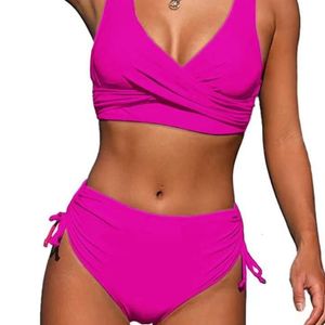 2024 Women Swimsuit podzielony stały kolor dwuczęściowy zestaw z pustą seksowną koronkową bikini z wysokim poziomem