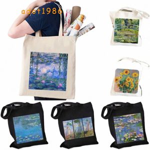 claude Met Water Lilies Painting Garden Japanese Bridge Tulip Lilac Irises Sunfrs Canvas Shoulder Tote Bag Cott Handbags 90Xa#