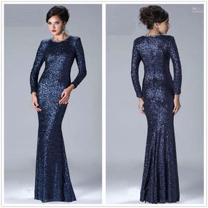 Blå ärmar Navy Sequined Mermaid Long Evening Crystals Pärlad golvlängd Party Prom Mother Dresses