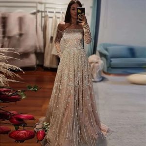 Sharon Said Dubai Luxury Beaded Champagne Evening Dress for Women Elegant Off Shoulder Long Sleeve Lilac