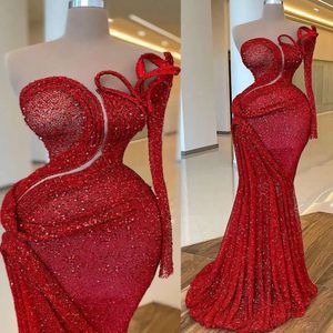Arabski Aso Ebi Ebi Ebi Red Mermaid Błyszczące sukienki na studniówek cekinowe koronkowe wieczór formalny impreza druga przyjęcie urodzinowe suknie zaręczynowe sukienki