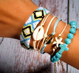 MOON GIRL 6 Pieces Puka Shell Bracelet Set Beads Weave Boho Fashion Girl Friendship Charm Bracelet Summer Jewelry Dropship9585281