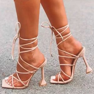 Sandals 2022 Plus Size Summer Sexy Lace Womens Sandals Square Studs Heel Cross Tie Party Shoes High Heel Pump Zapatillas Non Printing Agent J240416