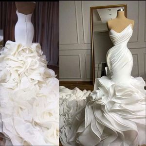 Elegant Mermaid Wedding Dresses Sweetheart Pleat Ruffles Tiered Skirt Organza Custom Chapel Train Formal Bridal Gowns Vestido De Novia