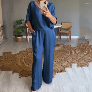 Dwuczęściowe spodnie kobiet seksowne pullover bluzka z dekoltem w dekolcie Długie zestawy kobiety swobodne kieszeni z krótkim rękawem luźne garnitury 2PC eleganckie jedwabne satynowe solidne