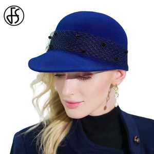 FS Royal Blue 100% Wool Felt Hats para mulheres com véu de vinho vermelho Sboy Cap senhoras Sombro formal Spring Black Millinery 240412