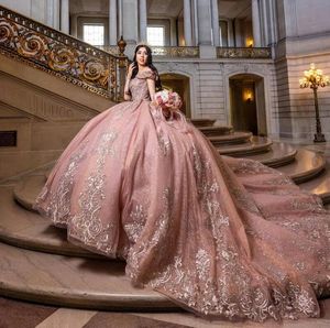 Rose Pink Shiny Off Shoulder Ball Gown Quinceanera Dresses 2024 Sweet 16 Princess Gold Appliqued Lace Party Gowns Vestido De 15 Anos
