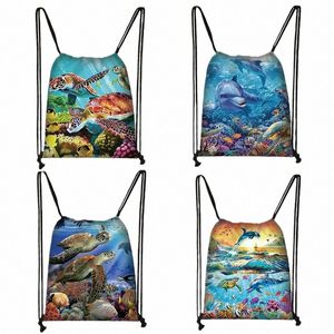 Sea Turtle / Delphin Draw String Bag Frauen Leinwand Aufbewahrung Taschen Freier Rucksack für Reiseschuhe Halter Ladies Beach Bag K3nd#