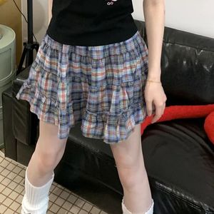 Deeptown Plaid kjol Kvinnor mini japansk stil ruffle skiktade korta kjolar söta streetwear vintage harajuku preppy 240416