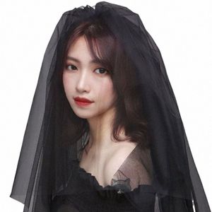 womens Layered Black Tulle Short Wedding Veil with Comb Halen Cosplay Party Costume Bridal Party Hair Accories Props 63ZR#