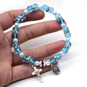 Strand Vintage Catholic Jesus Cross Charms Bracelet Blue Crystal Beaded Stretch Bracelets For Women Men Jewelry Religious Gifts