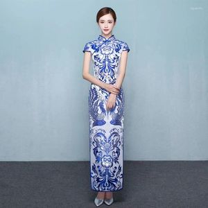 Etniska kläder Blue White Cheongsam Sexig Qipao Lång traditionell kinesisk aftonklänning Chinois Femme Robe Longue Chinoise