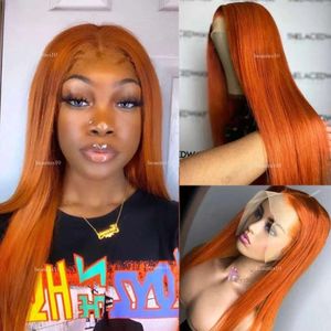 Orange Ginger Straight Simulatiion Human Hair Wigs Natural Hairline Brazilian Synthetic Body Wave Lace Front Wig For Women Bleached Knots line