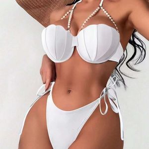 2024 kvinnors badkläder split skal wrap pärla snörning upp tre punkt fast färg sexig bikini