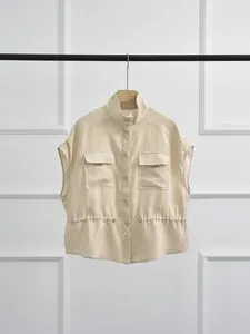 Blusas femininas 2024 verão feminino cintura cordão de linho linho stand stand colar bolsões miçanos de camisa de peito de peito único