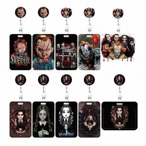 Ny onsdag Addams utdragbart klipprulle -korthållare Horror Movie Chucky ID Busin Arbetskort Badge Holder Office Supplies V0FR#