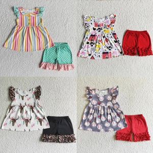 Kleidungssets Großhandel Kinder Sommer Set Kleinkind Kurzärmele Tunika Rüschen Baumwollshorts Kinder Baby Girl Outfit