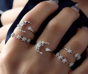 5pcs Women Bohemian Crystal Star Boon Moon Flower Open Ring