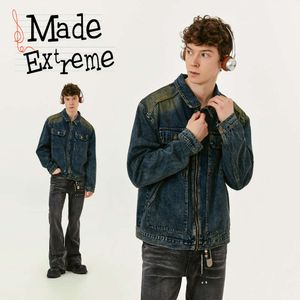 MADEEXTREME Street Vibe High End Cleanfit Washed and Worn Out Yellow Denim Jacket Coat for Men