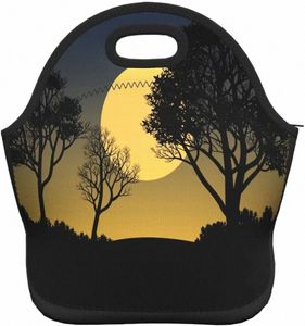 sunset Full Mo With Black Forest Trees Neoprene Lunch Bag Boxs,Durable Thermal Tote Bag Organizer Cooler Bento Bags 75G0#