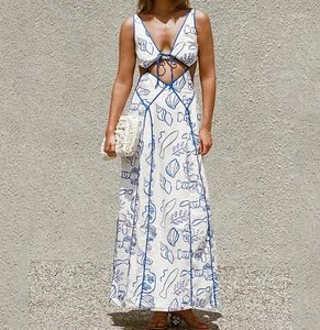 カジュアルドレス2024夏のファッション女性ドレスエレガントなバケーションライン印刷されたVネックストラップブラタイディテールホローバックレスマキシ