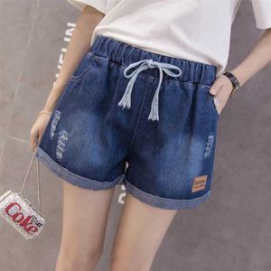 200kg Summer Fat Mm Plus Size Womens Clothing Elastic Waist Wide Legs Loose Hole Jeans Shorts Fashion