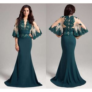 Dubai Dark Arabic Green Mermaid Evening Applique Jewel Neck Sleeves Floor Length Formal Lace Prom Dresses Yousef Aljasmi