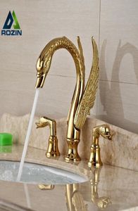 Soild Copper Gold Finish Bathroom Faucet Luxury Golden Swan Shape Basin Tap Dual Handle Deck Mount1466032