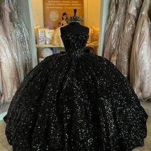 2024 Black Shiny Sweetheart Quinceanera Dresses Off Shoulder Sequined Beads Chapel Train Corset Prom Vestido De Debutante 15 Butante Butante