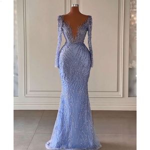 Prom Long Blue Sleeves V Neck Shiny Appliques Sequins Beaded Dresses Satin Lace Ruffles Floor Length Evening Dress Plus Size Custom Made