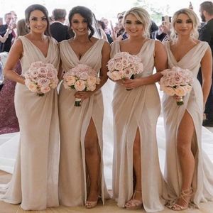 Plus Size Country Bridesmaids Dresses 2019 Mermaid V Neck High Split Cheap Beach Wedding Guest Gowns Maid Of Honors 2023