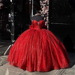 Mexico Red Off The Shoulder Gown Quinceanera Dress For Girls Ball Beaded Crystal Birthday Party Gowns Bow Robe De Bal S S