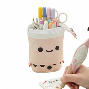 canvas Retractable Pencil Bag Large Capacity Polka Dot Print Zip-up Pen Pouch with Multi-pockets Milk Tea Cup Shape Cosmetic Bag 55gC#