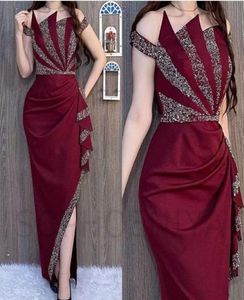 2021 Arabic Sexy Burgundy Evening Dresses Wear Off Shoulder Silver Crystal Beads Sheath Satin Side Split Black Girls Cocktail Part9878953