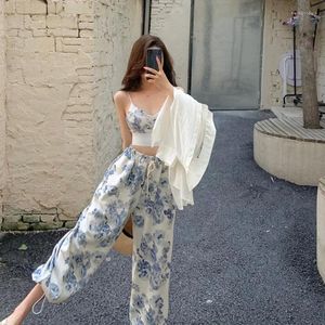 Women's Two Piece Pants Combhasaki Chic 2Pieces Outfits Floral Print V-Neck Sleeveless Backless Camisole Drawstring Elastic Waist Long Set