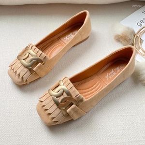 Casual Shoes Flat Woman Retro Tassels Square Shallow Single For Women 2024 Metal Buckle Loafers Big Size 45 46